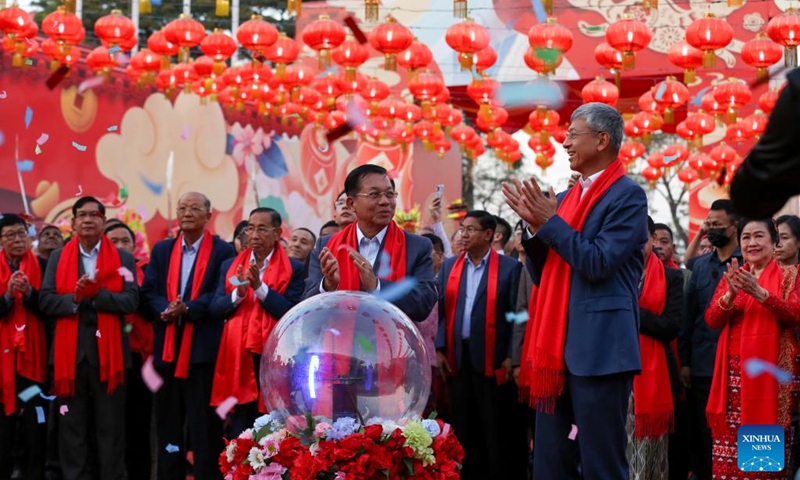 Myanmar's State Administration Council Chairman Min Aung Hlaing (L, front) and Chinese Ambassador to Myanmar Chen Hai (R, front) attend a Chinese New Year celebration in Yangon, Myanmar, Jan. 21, 2023. (Photo by Myo Kyaw Soe/Xinhua)