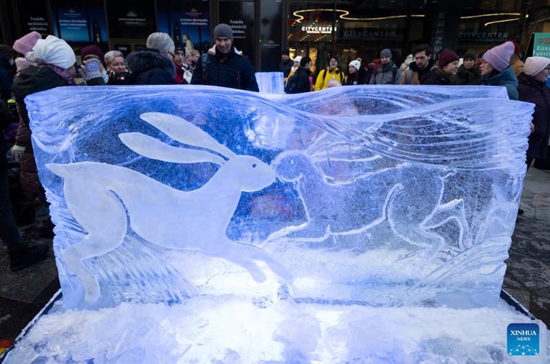 This photo taken on Jan. 21, 2023 shows a rabbit-themed ice sculpture made in celebration of the Chinese New Year in Helsinki, Finland. (Photo by Matti Matikainen/Xinhua)