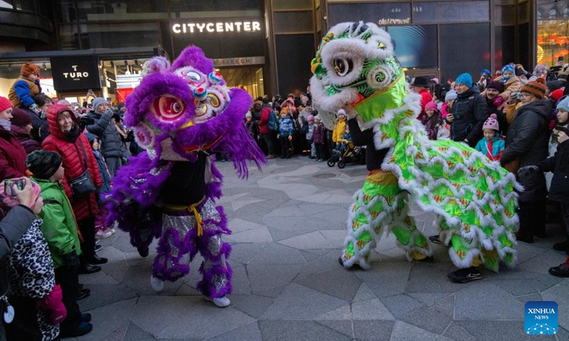 People watch a lion dance performance celebrating the Chinese New Year in Helsinki, Finland, Jan. 21, 2023. (Photo by Matti Matikainen/Xinhua)