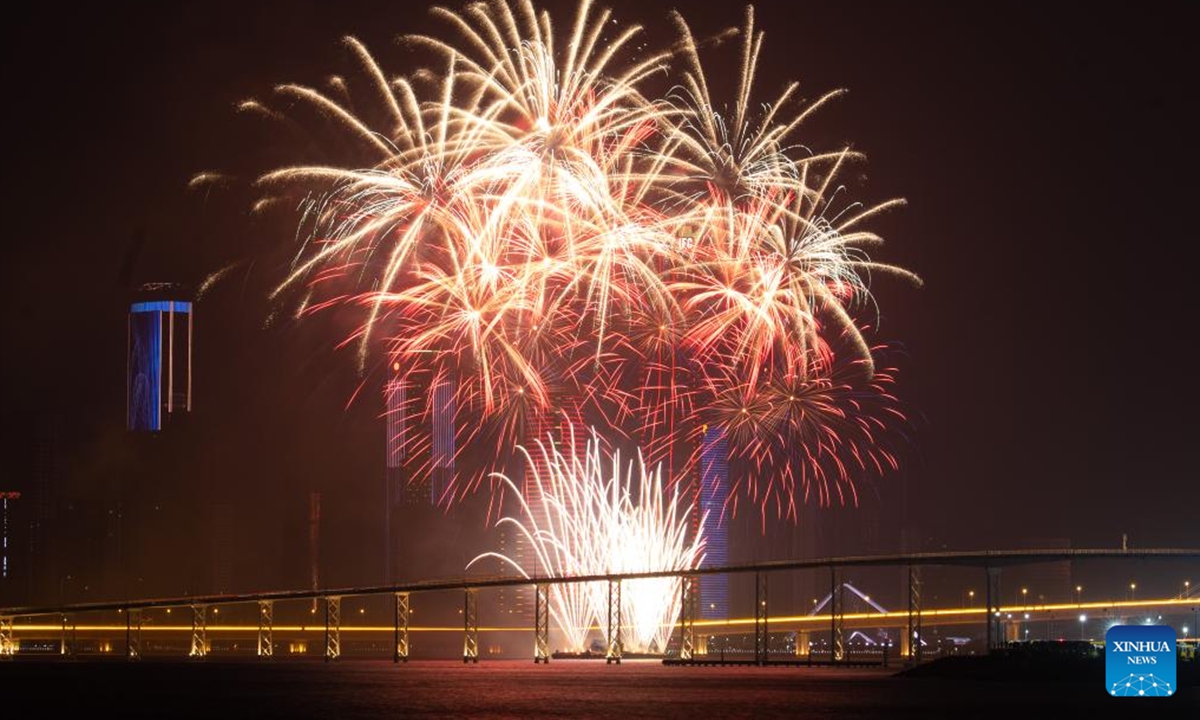 A fireworks show is staged to celebrate the Spring Festival in south China's Macao, Jan. 24, 2023. (Xinhua/Cheong Kam Ka)
