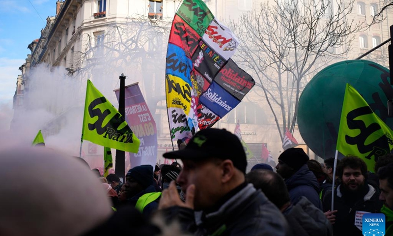 People participate in a demonstration against the government's controversial pension reform plan in Lille, northern France, on Jan. 31, 2023. People across France took to the streets again on Tuesday to protest against the government's controversial pension reform plan. The first nationwide strike was held on Jan. 19.(Photo: Xinhua)