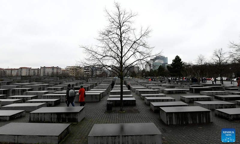 People visit the Memorial to the Murdered Jews of Europe in Berlin, Germany, Jan. 27, 2023. The memorial, located in the center of Berlin, was built to remember about 6 million Jews killed by the Nazis during World War II. In 2005, the UN General Assembly adopted a resolution which designated Jan. 27 as the International Day of Commemoration in Memory of the Victims of the Holocaust.(Photo: Xinhua)