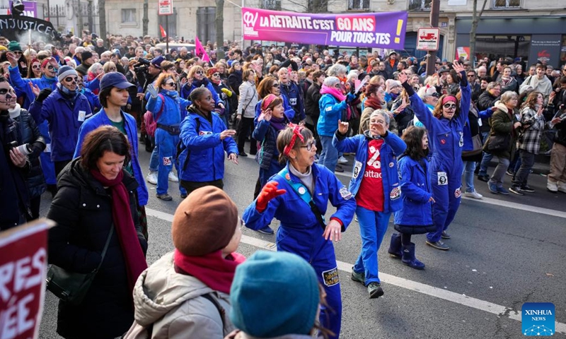 People participate in a demonstration against the government's controversial pension reform plan in Lille, northern France, on Jan. 31, 2023. People across France took to the streets again on Tuesday to protest against the government's controversial pension reform plan. The first nationwide strike was held on Jan. 19.(Photo: Xinhua)