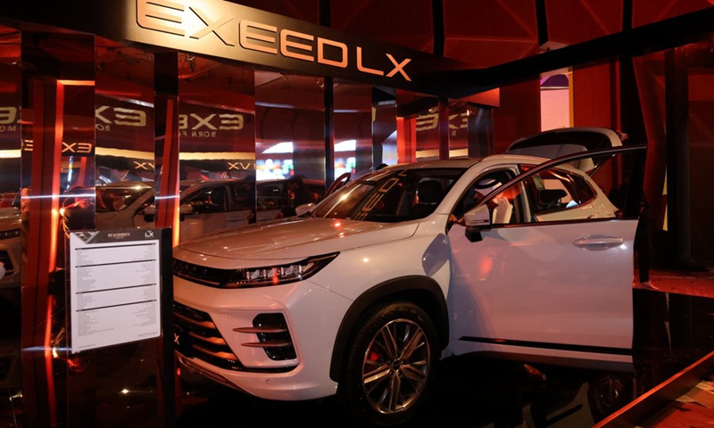 Photo taken on Jan. 28, 2023 shows an EXEED car on display at an event in Riyadh, Saudi Arabia.(Photo: Xinhua)