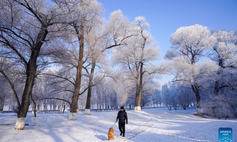 A man walks a dog near the Songhua River in Jilin City, northeast China's Jilin Province, Jan. 30, 2023.(Photo: Xinhua)