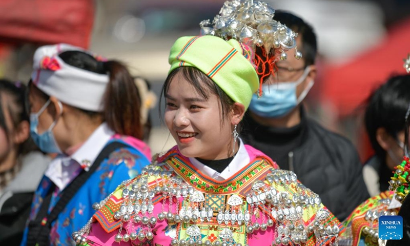 People of Miao ethnic group in traditional costumes participate in an activity called Tiaoyue in Zhongpai Village of Longli County, southwest China's Guizhou Province, Jan. 29, 2023. Tiaoyue, literally meaning dancing in the moonlight, originated from an ancient custom traditionally practiced for auspiciousness praying and new year celebration among the Miao ethnic group, is also an occasion for the youth to express love and find prospective mates.(Photo: Xinhua)