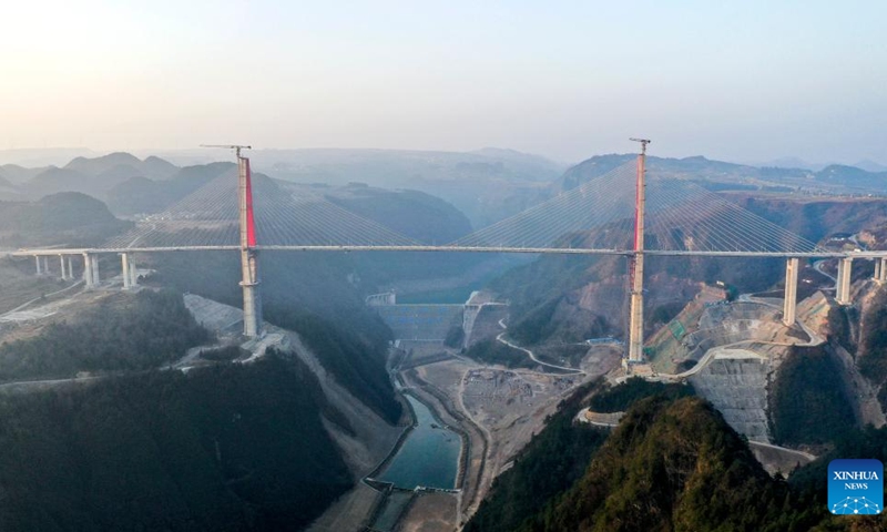 This aerial photo taken on Jan. 29, 2023 shows the Longlihe Bridge in Longli County, southwest China's Guizhou Province. The 1,260-meter-long bridge is under construction.(Photo: Xinhua)