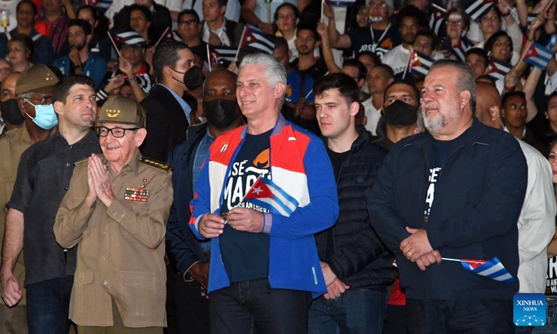 Cuban revolutionary leader Raul Castro (1st L, front), Cuban President Miguel Diaz-Canel (2nd L, front) and Cuban Prime Minister Manuel Marrero Cruz (1st R, front) attend an activity commemorating the 170th birth anniversary of Cuba's independence hero Jose Marti in Havana, Cuba, Jan. 27, 2023.(Photo: Xinhua)