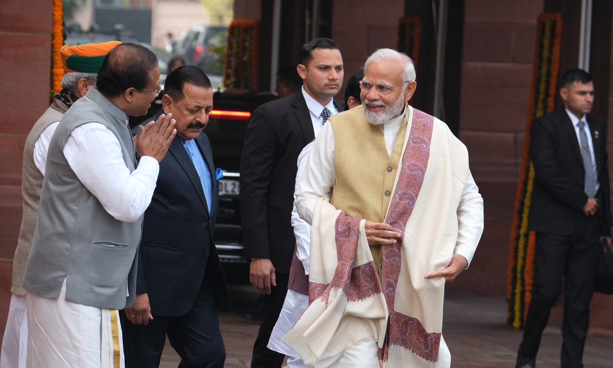 Narendra Modi, India's prime minister, is received by his cabinet members on the opening day of the Budget Session at Parliament House in New Delhi, India, on January 31, 2023. India will unveil its budget Wednesday, testing Modi's fiscal mettle seen as key to boosting investor sentiment even as it will likely leave less room for handouts a year before he seeks a third term.Photo: VCG