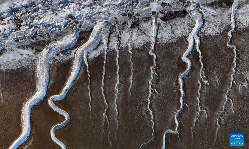 This aerial photo taken on Feb. 1, 2023 shows a view of frozen tidal creeks in the wetland of Liaohe River estuary in Panjin, northeast China's Liaoning Province.(Photo: Xinhua)