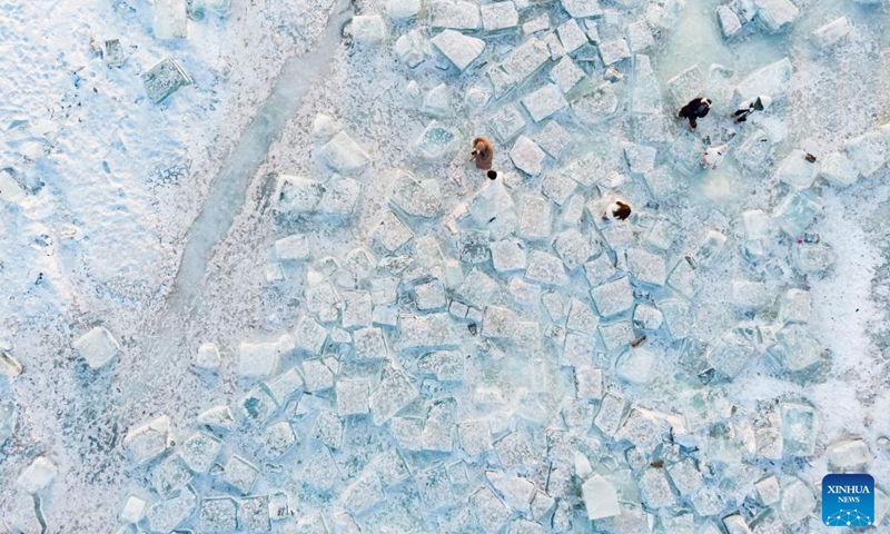 This aerial photo taken on Feb. 1, 2023 shows people posing for photos on ice cubes at a section of Songhuajiang River in Harbin, northeast China's Heilongjiang Province. This section of frozen river used to be the source of natural ice for installations at the Harbin Ice and Snow World. Some giant ice cubes were cut out but left there unused.(Photo: Xinhua)