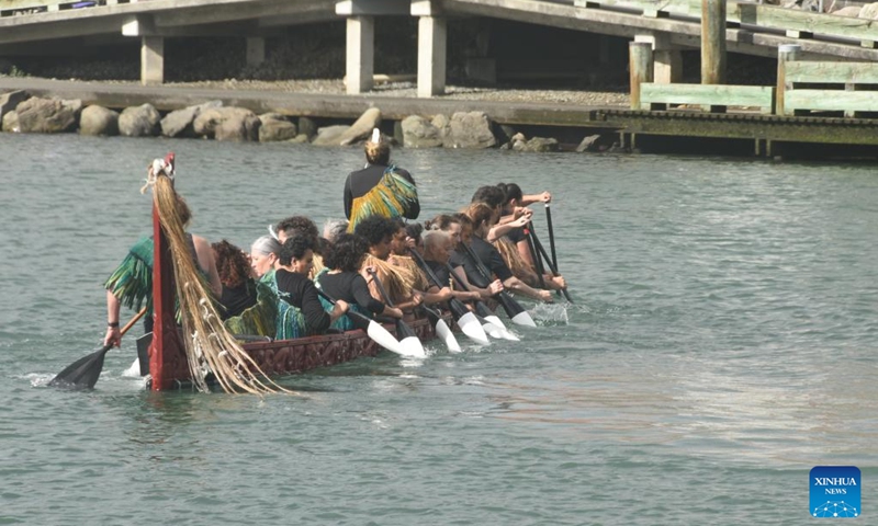 Waka paddlers take part in a Waitangi Day commemoration event in Wellington, New Zealand, Feb. 6, 2023. (Photo by Zhang Xiaoqing/Xinhua)