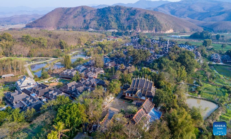 This aerial photo taken on Feb. 12, 2023 shows a view of Mengjinglai scenic spot, in Menghai County, Xishuangbanna Dai Autonomous Prefecture, southwest China's Yunnan Province. Xishuangbanna received over 2.7175 million visits during this year's Spring Festival holiday, up 554.51 percent year on year, according to local culture and tourism department.(Photo: Xinhua)