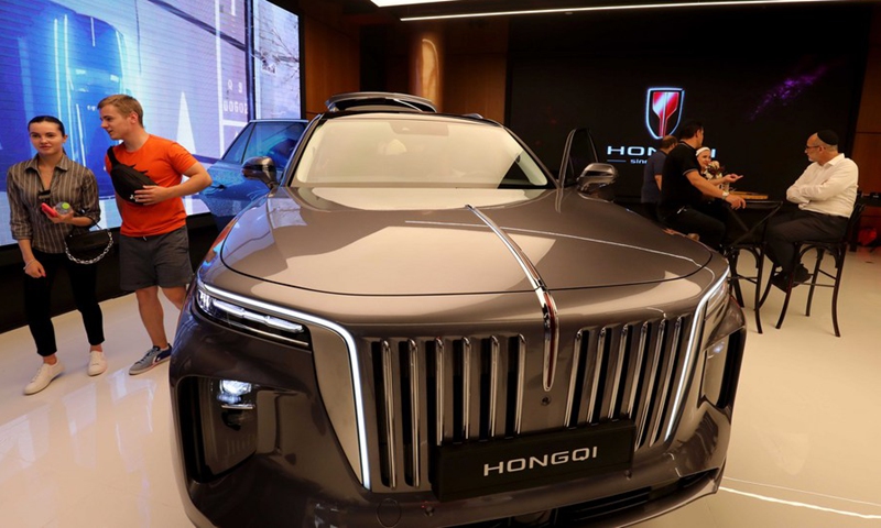 The Hongqi E-HS9 model, a pure-electric luxury SUV, is showcased at the first showroom for China's limousine brand Hongqi in Tel Aviv, Israel, June 28, 2022.(Photo: Xinhua)