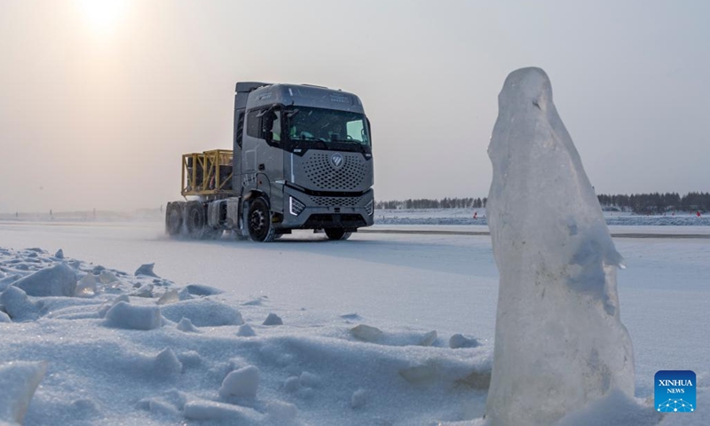 A vehicle undergoes a cold resistance test at a test base in Heihe, North China's Heilongjiang Province, on Feb. 10, 2023.(Photo: Xinhua)