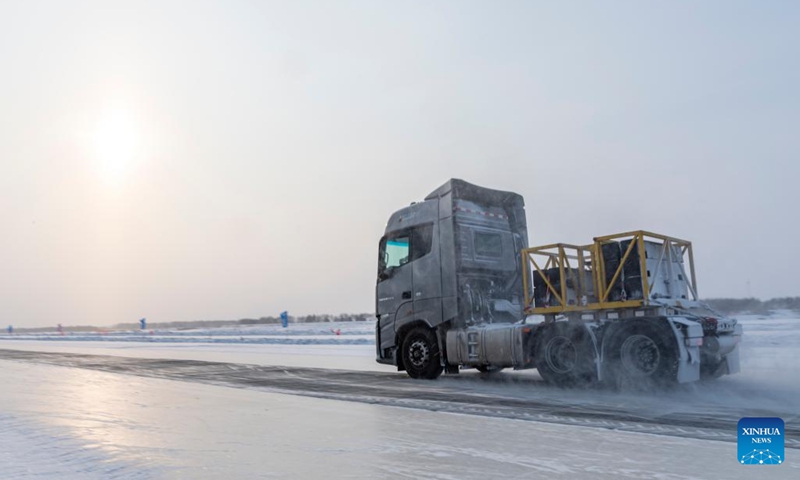 A vehicle undergoes a cold resistance test at a test base in Heihe, North China's Heilongjiang Province, on Feb. 10, 2023.(Photo: Xinhua)