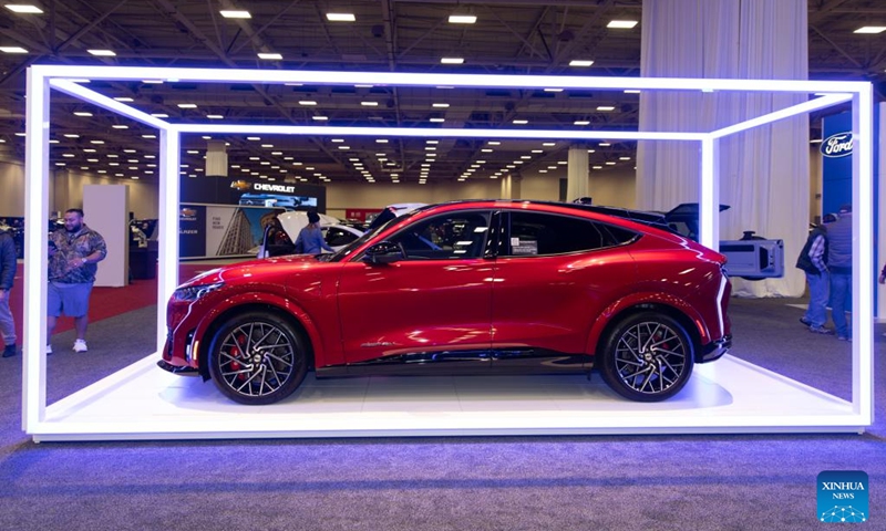 A 2023 Ford Mustang Mach-E is displayed at the North Texas Auto Show in Dallas, Texas, the United States, on Feb.16, 2023. The four-day North Texas Auto Show kicked off in Dallas on Thursday.(Photo: Xinhua)