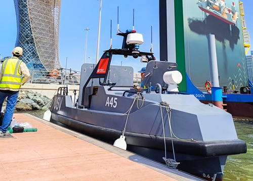 An A45 unmanned combat boat developed by China is on display at the 16th International Defense Exhibition and Conference (IDEX 23) held in Abu Dhabi, the UAE from February 20 to 24, 2023. Photo: Courtesy of Poly Technologies Inc