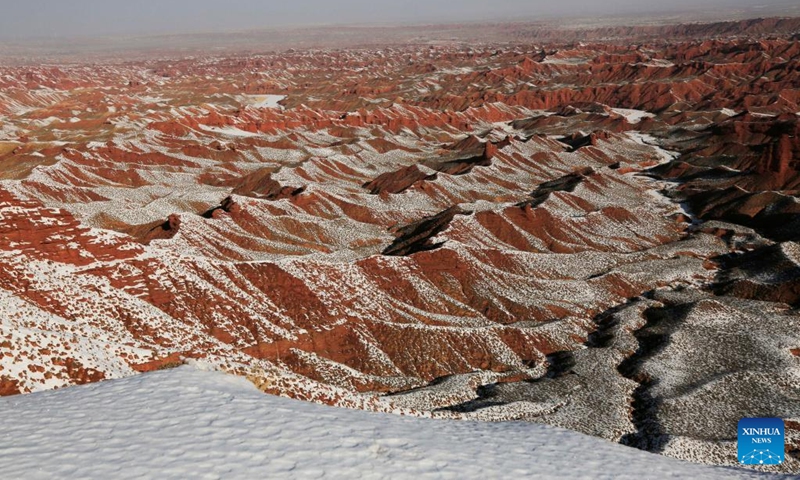 This aerial photo taken on Feb. 20, 2023 shows the snow scenery of Pingshanhu Canyon in Zhangye City, northwest China's Gansu Province.(Photo: Xinhua)