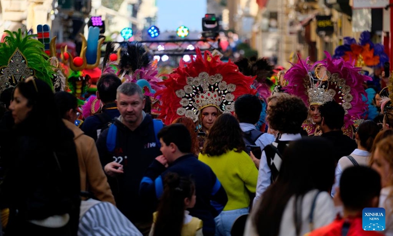 Revelers take part in a carnival parade in Valletta, Malta, on Feb. 20, 2023.(Photo: Xinhua)