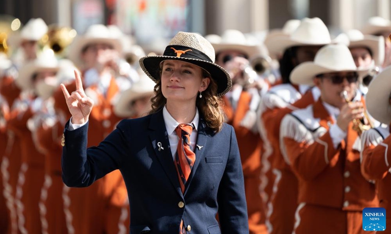 Members of a university band are pictured during the 91st Downtown Rodeo Parade in Houston, Texas, the United States, Feb. 25, 2023. (Photo by Chen Chen/Xinhua)