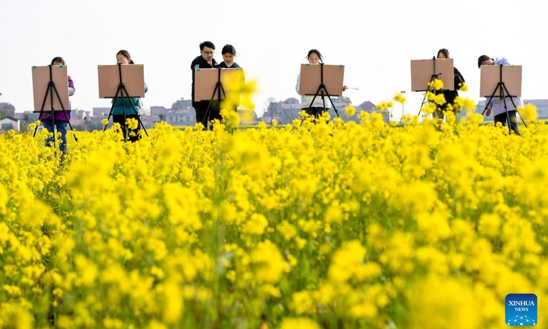 Students draw pictures near a cole flower field in Guanhu Village, Zhangshu City of east China's Jiangxi Province, Feb. 21, 2023.(Photo: Xinhua)