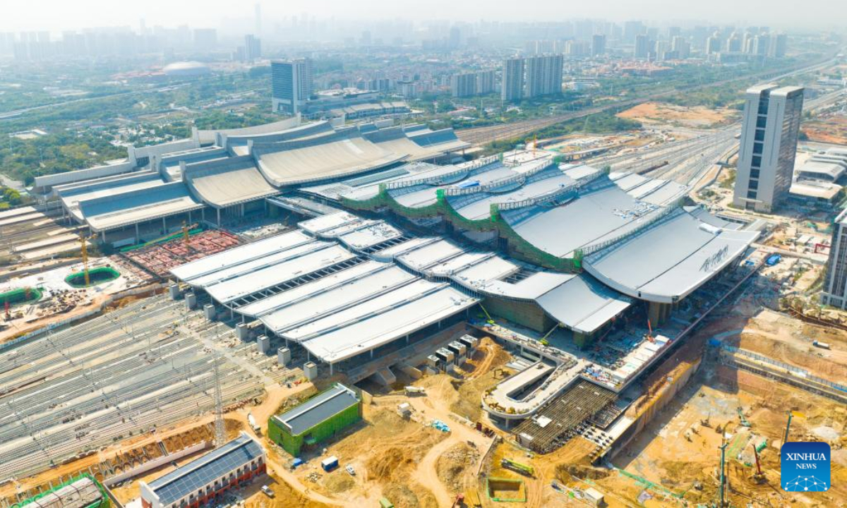 This aerial photo taken on Feb 23, 2023 shows Xiamen North Railway Station of the new Fuzhou-Xiamen high-speed railway in Xiamen, southeast China's Fujian Province. Photo:Xinhua