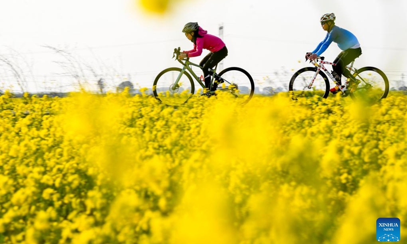 People ride near a cole flower field in Guanhu Village, Zhangshu City of east China's Jiangxi Province, Feb. 21, 2023.(Photo: Xinhua)