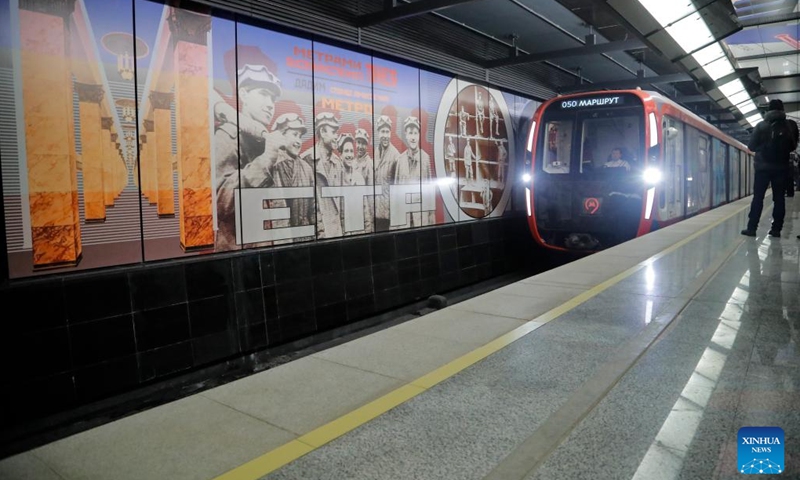 A train arrives at a station of the Big Circle Line in Moscow, Russia, on March 1, 2023. Moscow on Wednesday opened the 70-km Big Circle Line (BCL), the longest subway line in the world.(Photo: Xinhua)