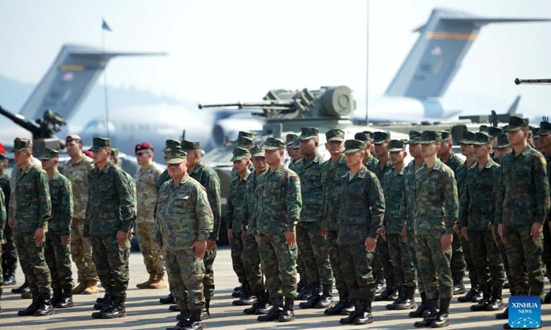 Military personnel attend the opening ceremony at U-Tapao Thai navy airfield in Rayong Province, Thailand, Feb. 28, 2023. According to the Thai Armed Forces, the multinational exercise Cobra Gold 2023 will take place from Feb. 27 to March 10, with the core exercises including command post exercise, humanitarian civic assistance, and field training exercise. The drill is also back to full-scale with the return to normalcy after the pandemic.(Photo: Xinhua)