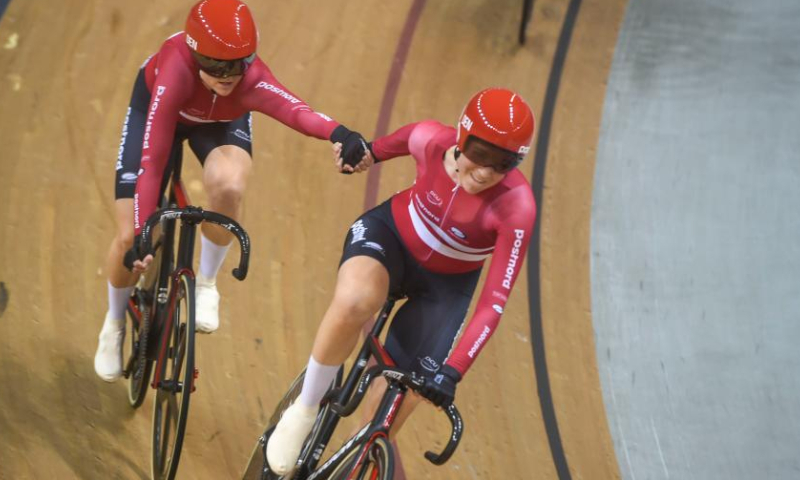 Team Denmark competes during the women's madison final at the 2023 UCI Track Cycling Nations Cup at the Velodrom in Jakarta, Indonesia, Feb. 25, 2023. (Xinhua/Zulkarnain)