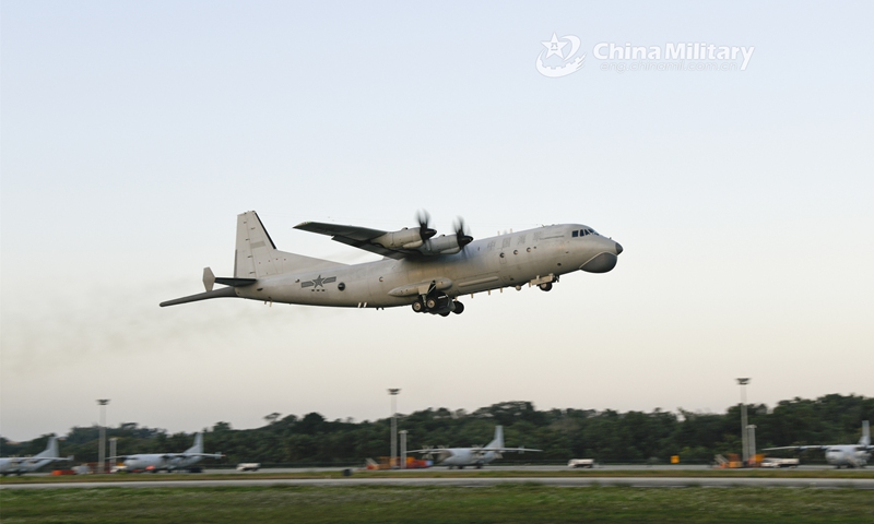 An anti-submarine patrol aircraft attached to a naval aviation regiment under the PLA Southern Theater Command takes off for a recent training exercise, which aims to hone the skills and combat capabilities of the troops. (eng.chinamil.com.cn/Photo by Qin Qianjiang)