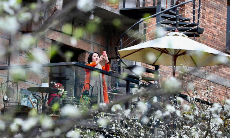 A tourist takes photos of plum blossoms at Daxi Village of Yongtai County, southeast China's Fujian Province, Feb. 24, 2023.

Ancient villages in Yongtai County have been attracting many tourists as plum trees are in blossom in early spring. (Xinhua/Jiang Kehong)