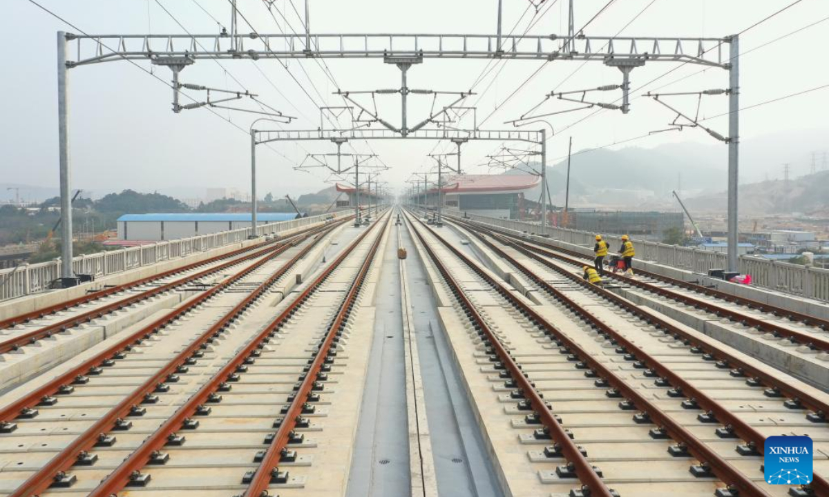 This aerial photo taken on Feb 19, 2023 shows the construction site near the Fuqing West Railway Station of the new Fuzhou-Xiamen high-speed railway in southeast China's Fujian Province. Photo:Xinhua