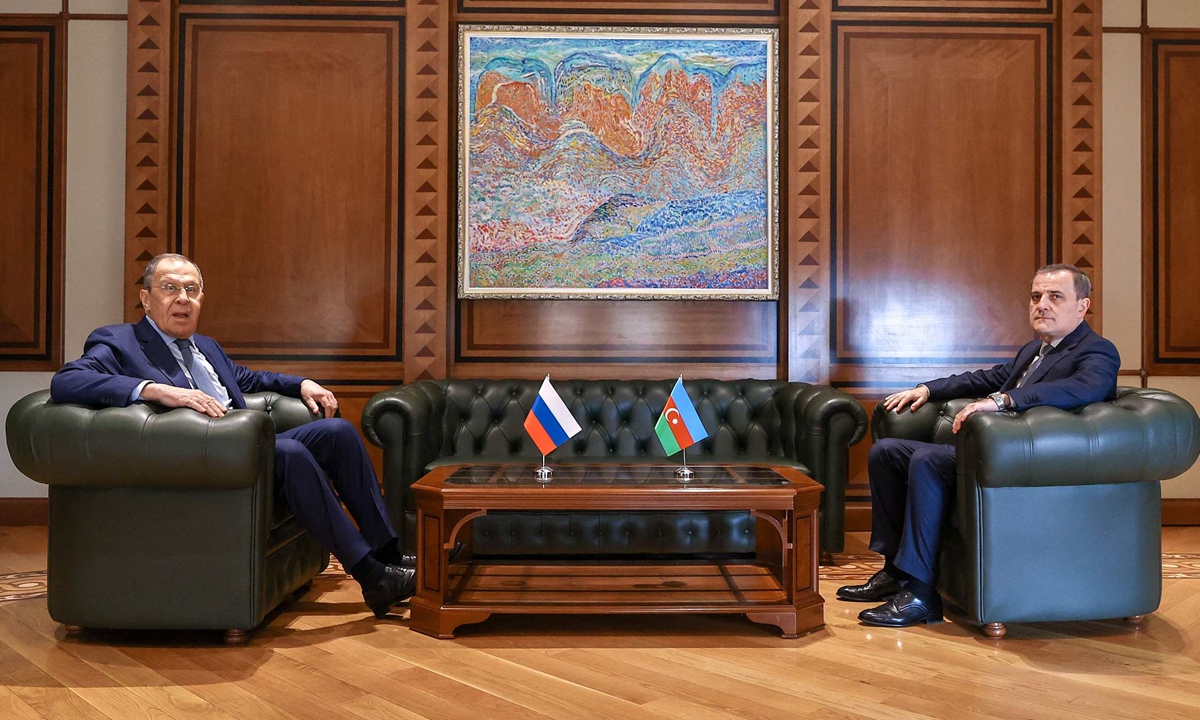 Russian Foreign Minister Sergei Lavrov meets with Azerbaijani President Ilham Aliyev in Baku on February 27, 2023, marking the anniversary of the signing in February 2022 of the declaration on allied interaction between Azerbaijan and Russia. Photo:VCG