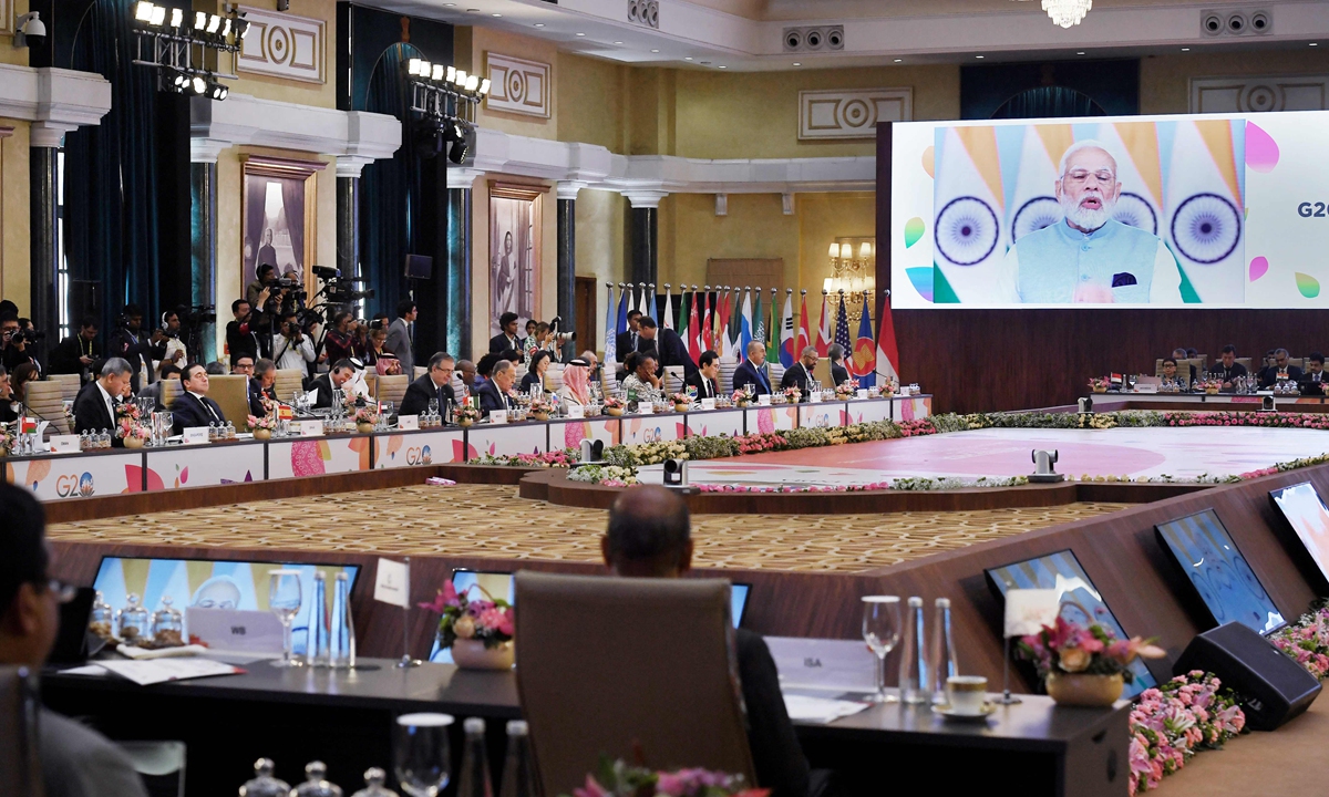 India's Prime Minister Narendra Modi (on screen) addresses the G20 Foreign Ministers' Meeting (FMM) in New Delhi on March 2, 2023.Photo: VCG