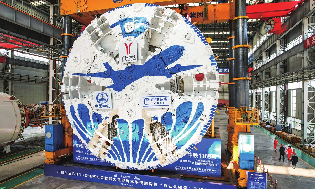 
China's first domestic mega-diameter shield machine for a project linking airport and high-speed rail is launched in Hangzhou, East China's Zhejiang Province on March 3, 2023. The machine will help in the construction of the Baiyun Airport T3 rail hub and Guangzhou-Zhuhai-Macao high-speed rail. Photo: VCG