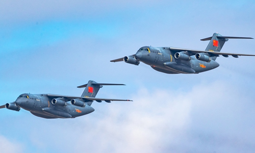 Two Y-20 large transport aircraft of the Chinese People's Liberation Army Air Force fly in formation. Photo: Courtesy of Aviation Industry Corporation of China