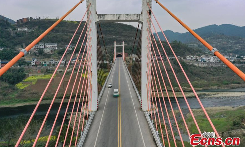 Aerial view shows a cable-stayed bridge over The Wujiang /River, March 16, 2023. (Photo: China News Service) 