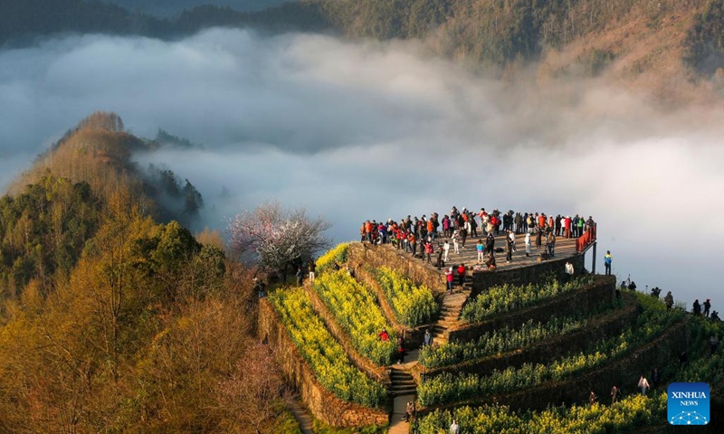 This aerial photo taken on March 14, 2023 shows the scenery of a sea of clouds at Shitan Village in Shexian County of Huangshan City, east China's Anhui Province.(Photo: Xinhua)