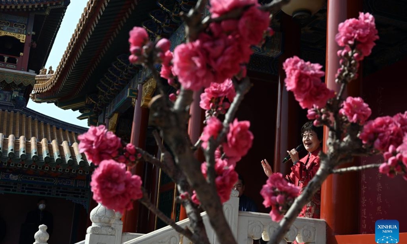 Kunqu opera performer Zhang Jingxian enacts in an excerpt of the Kunqu opera masterpiece The Peony Pavilion at the Palace Museum in Beijing, capital of China, March 13, 2023. The Palace Museum and Shanghai Kunqu Opera Troupe signed a strategic cooperation agreement here Tuesday to restage Chinese classic operas.(Photo: Xinhua)