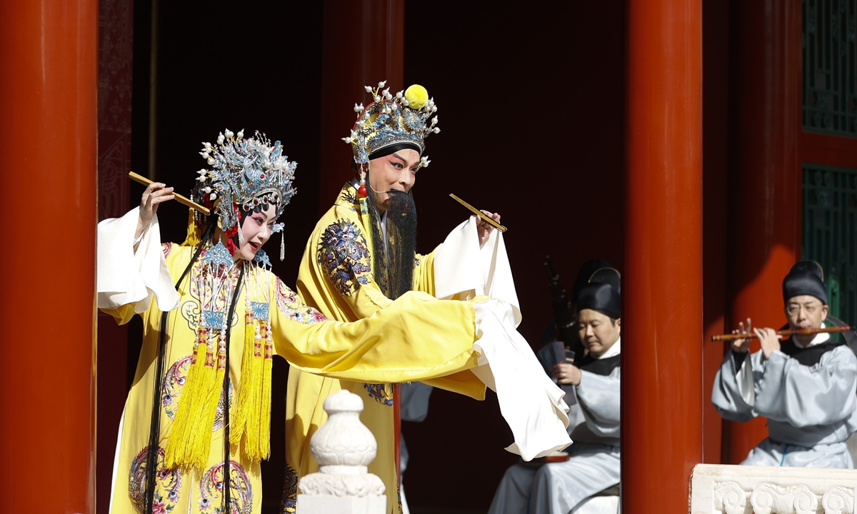 Actors perform Kunqu Opera at the Palace Museum in Beijing on March 13, 2023. The Palace Museum has signed a strategic cooperation agreement with the Shanghai Kunqu Opera Troupe. The cultural relics of Qing Dynasty (1644-1911) palace opera collected by the Palace Museum are of great value to the study of traditional opera. Photo: VCG