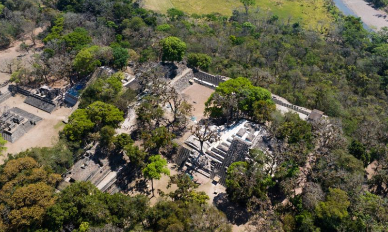 This aerial photo taken on April 1, 2023 shows the Maya site of Copan in Honduras. The city of Copan, with its temples, squares, terraces and other characteristics, is an excellent representation of Classic Mayan civilization. (Xinhua/Xin Yuewei)