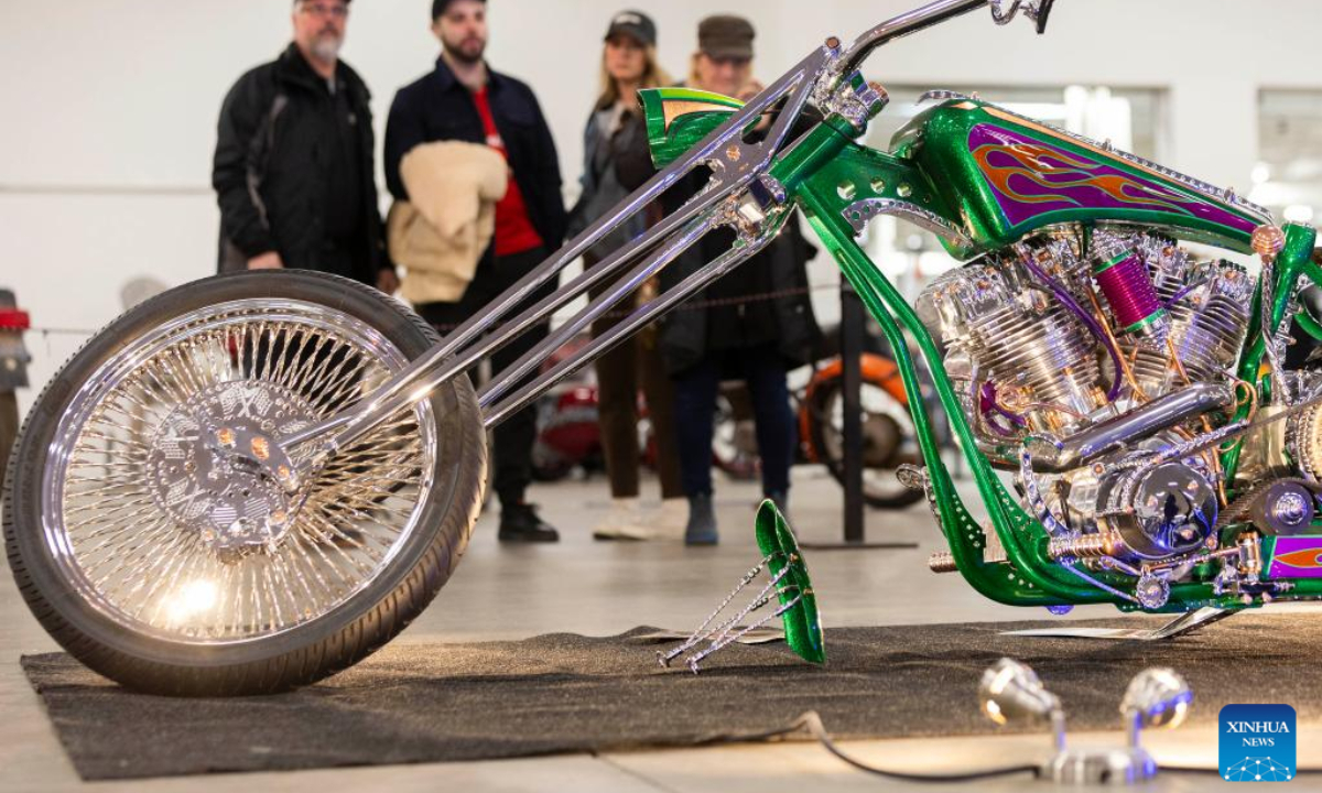 People look at a custom motorcycle during the 2023 Toronto International Spring Motorcycle Show in Mississauga, the Greater Toronto Area, Canada, on April 2, 2023. Photo:Xinhua