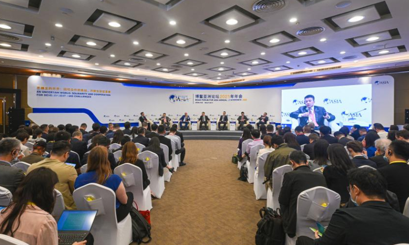 A panel discussion themed on New Landscape of Industrial and Supply Chain is held during the Boao Forum for Asia (BFA) Annual Conference 2023 in Boao, south China's Hainan Province, March 28, 2023. (Xinhua/Pu Xiaoxu)