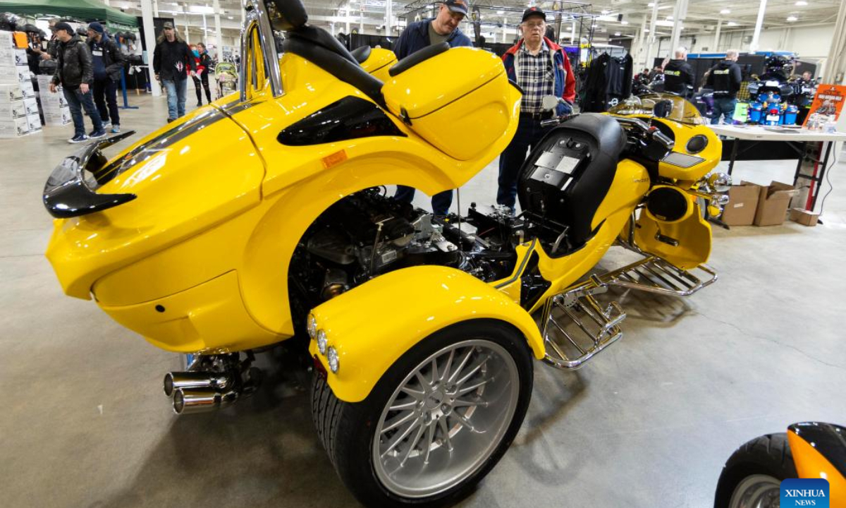 People look at a custom motorcycle during the 2023 Toronto International Spring Motorcycle Show in Mississauga, the Greater Toronto Area, Canada, on April 2, 2023. Photo:Xinhua