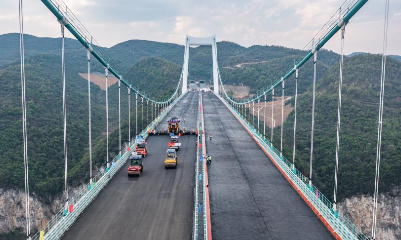 This aerial photo taken on April 3, 2023 shows the construction site of the Jinfeng Wujiang River Bridge in southwest China's Guizhou Province. The bridge, featuring a length of 1473.5 meters, is a main project on the Guiyang-Jinsha-Gulin (Guiyang and Jinsha of Guizhou Province and Gulin of Sichuan Province) expressway. (Xinhua/Tao Liang)

