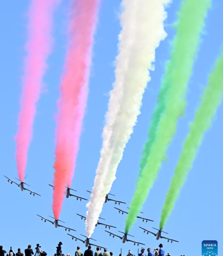 The Italian Frecce Tricolori aerobatic squad performs during celebrations marking the centenary of the Italian Air Force in Rome, Italy, on March 28, 2023. (Photo by Alberto Lingria/Xinhua)