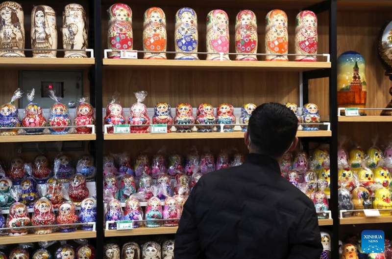 A customer shops for matryoshka dolls at a Russian goods store in Manzhouli, north China's Inner Mongolia Autonomous Region, March 16, 2023. Popularity of Russian goods and foods has revived among local customers after the land port of Manzhouli resumes services. (Xinhua/Wang Kaiyan)