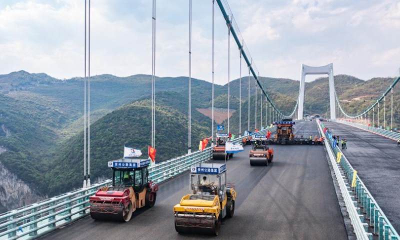 This aerial photo taken on April 3, 2023 shows the construction site of the Jinfeng Wujiang River Bridge in southwest China's Guizhou Province. The bridge, featuring a length of 1473.5 meters, is a main project on the Guiyang-Jinsha-Gulin (Guiyang and Jinsha of Guizhou Province and Gulin of Sichuan Province) expressway. (Xinhua/Tao Liang)